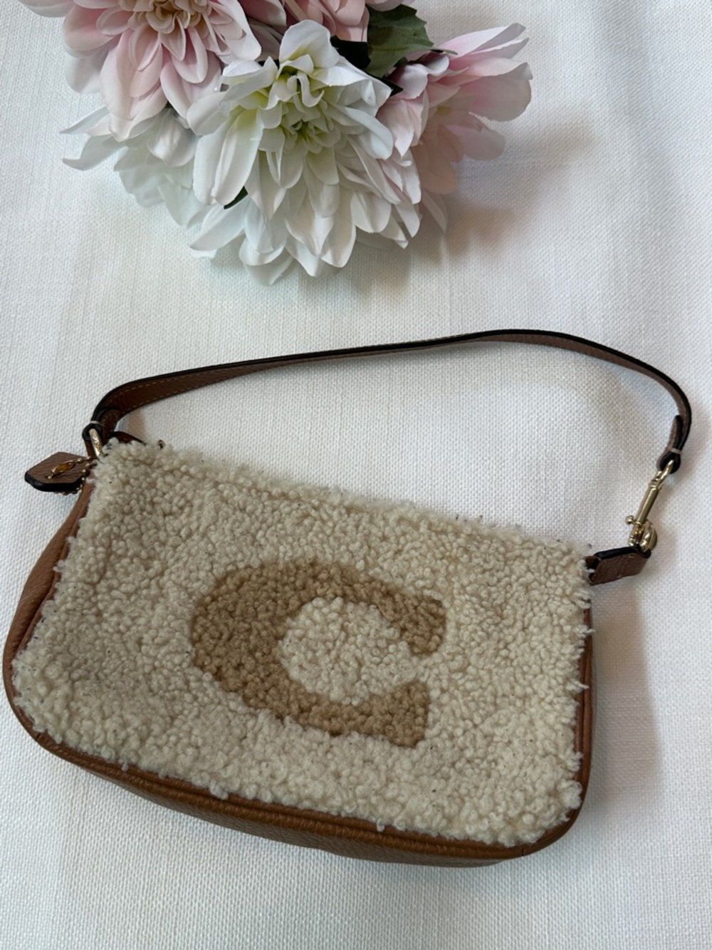Coach Cream Shearling Mini Shoulder Bag with Tan 'C' Accent